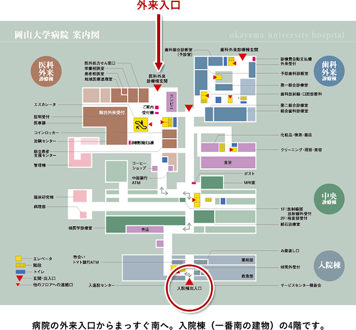 岡山大学病院 案内図 病院の外来入口からまっすぐ南へ。入院棟の(一番南の建物)の4階です。